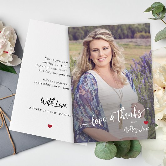 Baby shower foto modern liefde en dank script bedankkaart