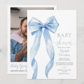 Baby Shower Foto QR Code met Blauwe Strik Kaart (Voorkant / Achterkant)