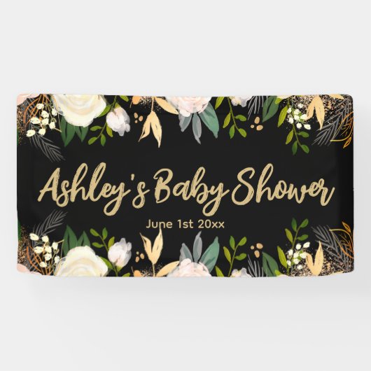 Baby Shower Fotohokje Achtergrond Bloem Zwart Goud Spandoek (Horizontaal)