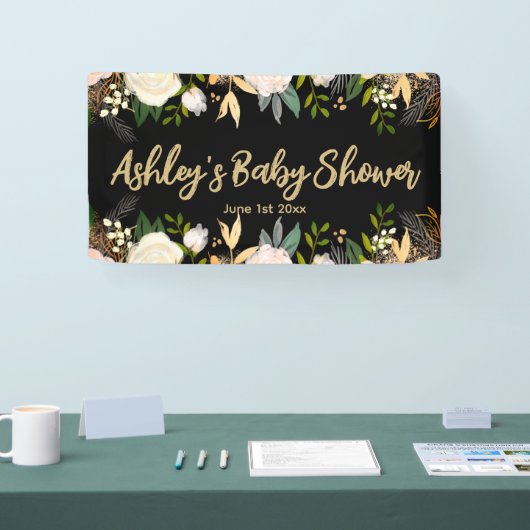 Baby Shower Fotohokje Achtergrond Bloem Zwart Goud Spandoek (Beurs)