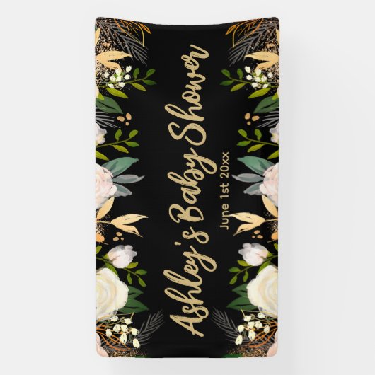 Baby Shower Fotohokje Achtergrond Bloem Zwart Goud Spandoek (Verticaal)