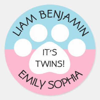 Baby shower - Fraterale tweeling - Paw Print Thema Ronde Sticker