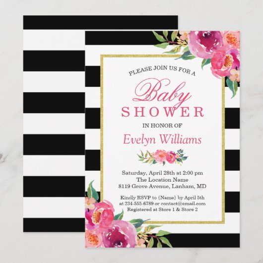 Baby shower Fuchsia Paars Red Floral Stripes Kaart (Voorkant / Achterkant)