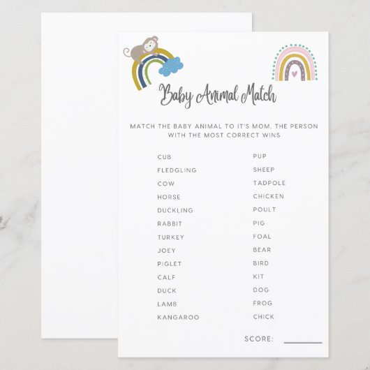 Baby shower game Baby baby maatjes Genderneutraal (Voorkant / Achterkant)