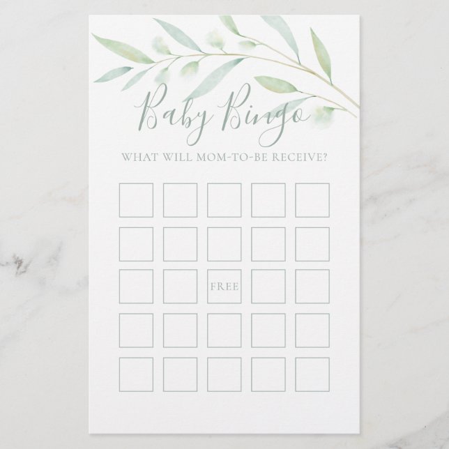 Baby shower Game Baby Bingo Greenery Waterverf (Voorkant)