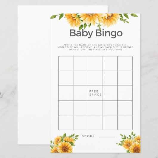 Baby shower Game Baby Bingo Yellow Sunflower (Voorkant / Achterkant)