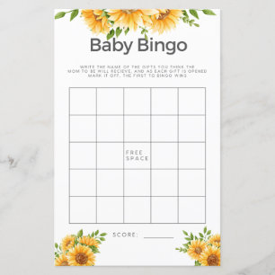 Baby shower Game Baby Bingo Yellow Sunflower