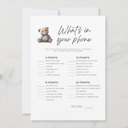 Baby shower Game Baby Boy Wat zit er in je telefoo Kaart (Voorkant)