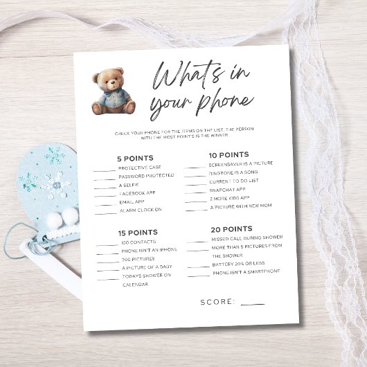 Baby shower Game Baby Boy Wat zit er in je telefoo Kaart