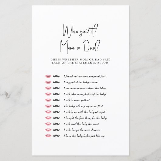 Baby shower Game die het zei? Mam of papa? (Voorkant)