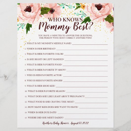 Baby shower Game die mama Confetti Floral kent (Voorkant)
