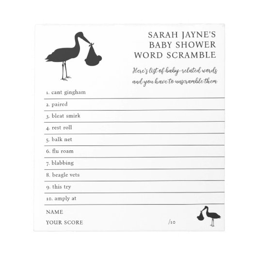 Baby shower Game DIY Word Scramble Notitieblok (Voorkant)