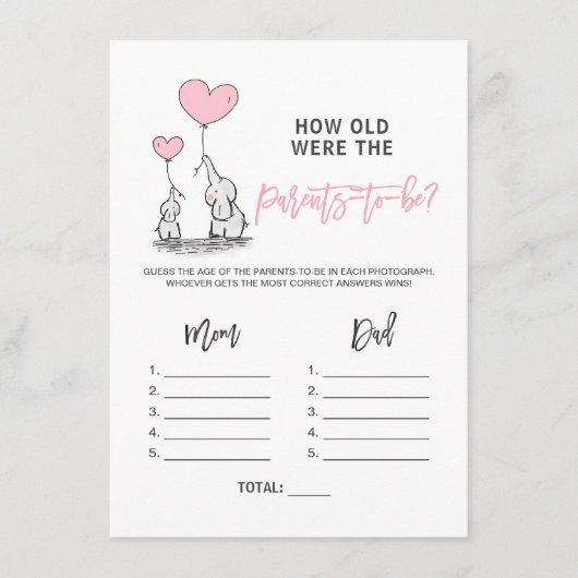 BABY SHOWER GAME Elephant - Hoe oud Ouderen Foto Informatiekaartje (Voorkant)