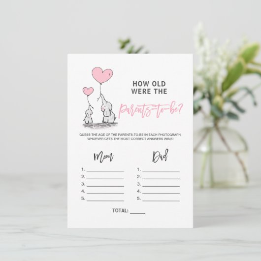 BABY SHOWER GAME Elephant - Hoe oud Ouderen Foto Informatiekaartje (Staand voorkant)