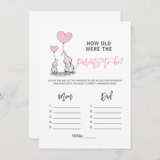 BABY SHOWER GAME Elephant - Hoe oud Ouderen Foto Informatiekaartje (Voorkant / Achterkant)