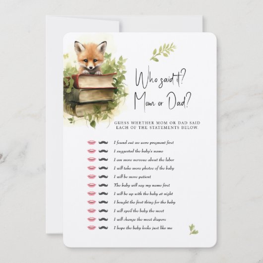 Baby shower Game Fox Wie heeft het gezegd? Mam of Kaart (Voorkant)