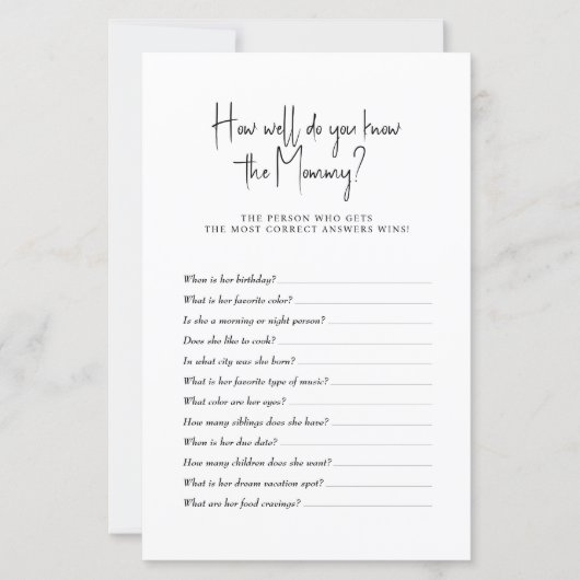 Baby shower Game Hoe goed ken je mama? (Voorkant)