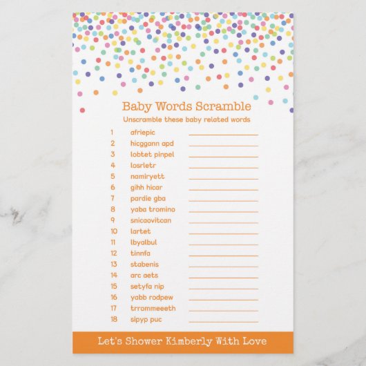 Baby shower game in Confetti Thema (Achterkant)