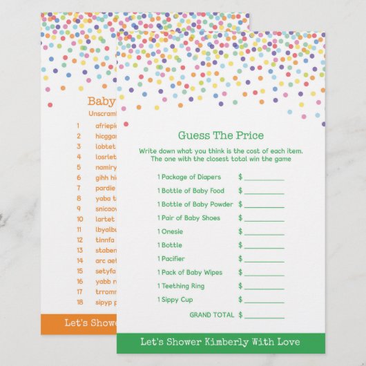 Baby shower game in Confetti Thema (Voorkant / Achterkant)