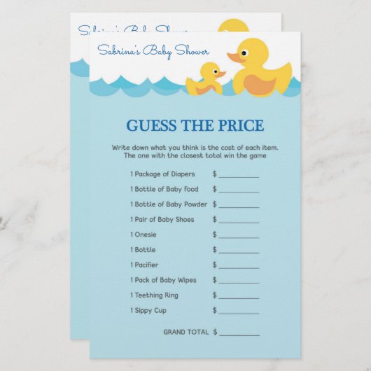 Baby shower game in Cute Rubber Duck Theme (Voorkant / Achterkant)