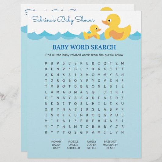 Baby shower game in Cute Rubber Duck Theme (Voorkant / Achterkant)