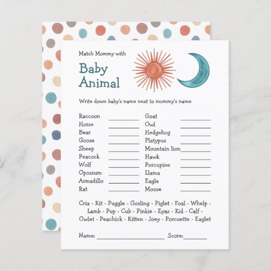 Baby shower Game Match Mam & Baby Boho Sun Moon (Voorkant / Achterkant)