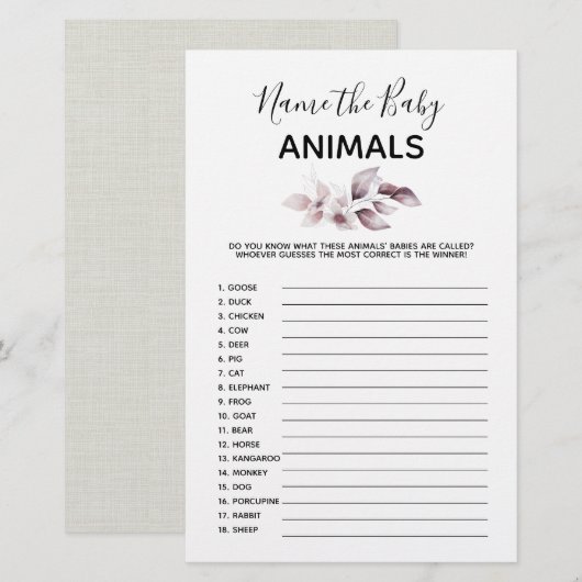 Baby shower game - noem de naam van de babydieren (Voorkant / Achterkant)