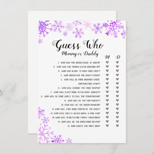 baby shower Game - Raad eens wie, Baby het is koud Kaart (Voorkant / Achterkant)