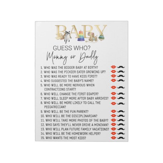 Baby shower game Raad eens wie speelgoed goud heef Notitieblok (Linkerzijde)