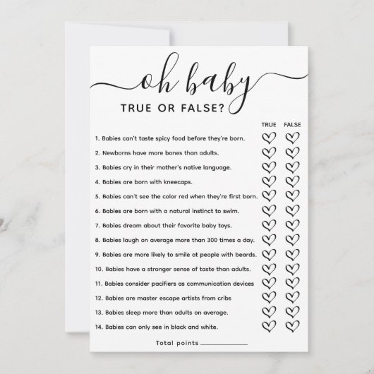 Baby shower Game True of False Trivia met antwoord Kaart (Voorkant)