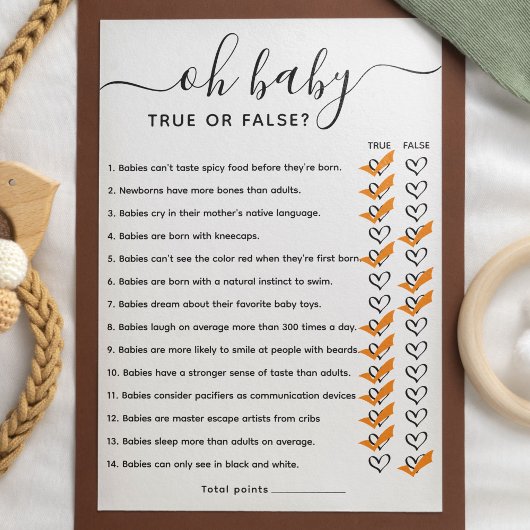 Baby shower Game True of False Trivia met antwoord Kaart