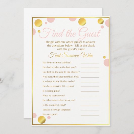 baby shower game "Vind de gast" Roze en goud Kaart (Voorkant / Achterkant)