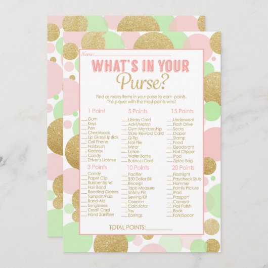 baby shower game Wat zit er in je tas? Kaart (Voorkant / Achterkant)