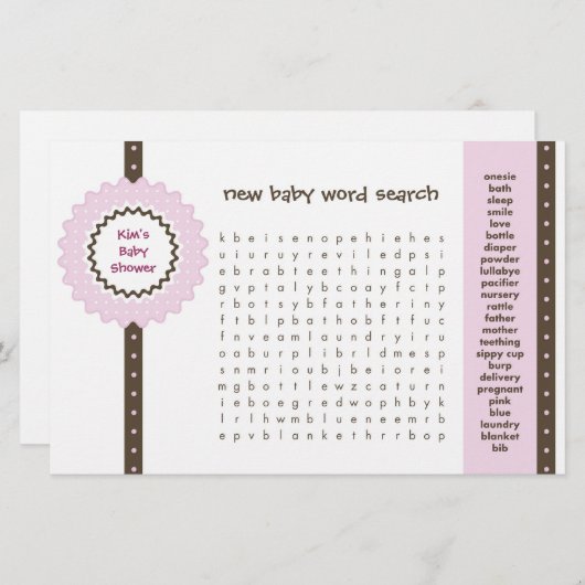 Baby shower game - Word Search (Voorkant / Achterkant)