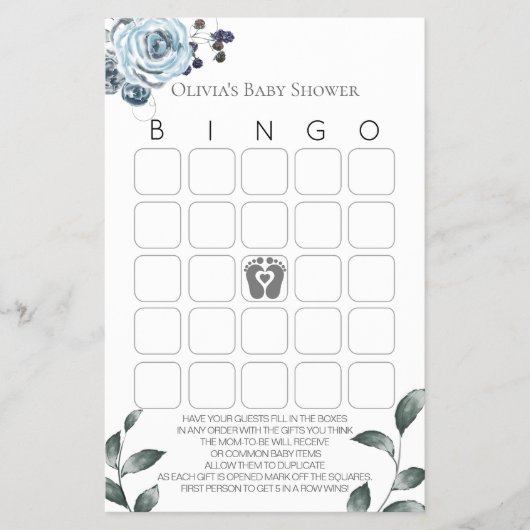 Baby shower Games Bingo Dusty Blue Roos Flyer (Voorkant)