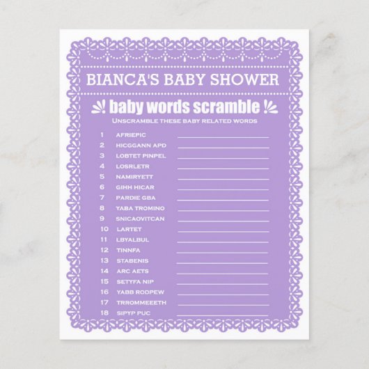 Baby shower Games in Paars Papel Picado (Achterkant)