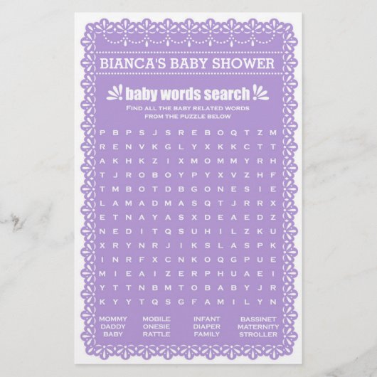 Baby shower Games in Paars Papel Picado (Voorkant)