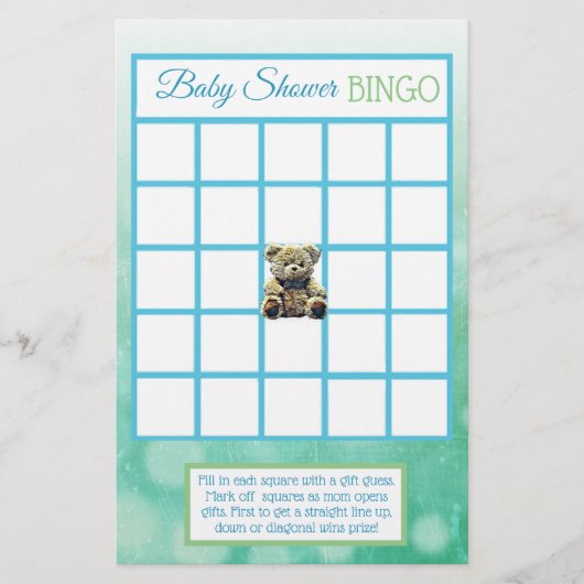 Baby shower games met blauwe en groene Teddy Bear Flyer (Voorkant)