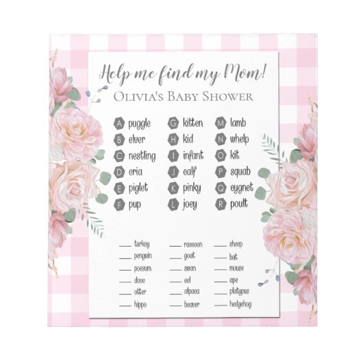 Baby shower games vind Mijn mama Roses Gingham Notitieblok (Voorkant)