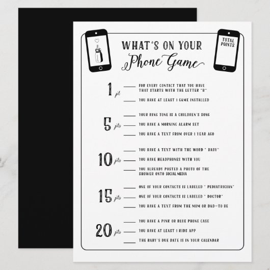 Baby shower games Wat is er op je telefoonspel? Kaart (Voorkant / Achterkant)