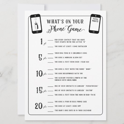 Baby shower games Wat is er op je telefoonspel? Kaart (Voorkant)