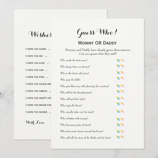 Baby shower Games: wil Baby en raad eens wie Advieskaart (Voorkant / Achterkant)