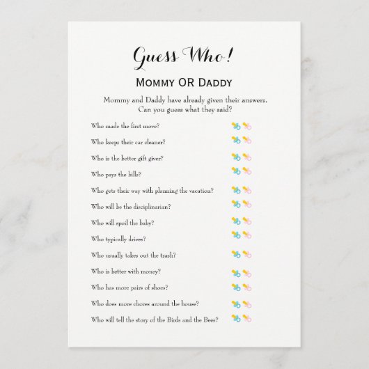 Baby shower Games: wil Baby en raad eens wie Advieskaart (Voorkant)