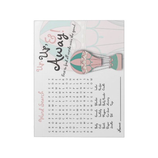 Baby shower games, Word Search, Hot-air ballon Notitieblok (Linkerzijde)