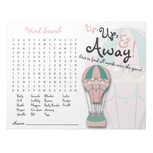 Baby shower games, Word Search, Hot-air ballon Notitieblok (Voorkant)