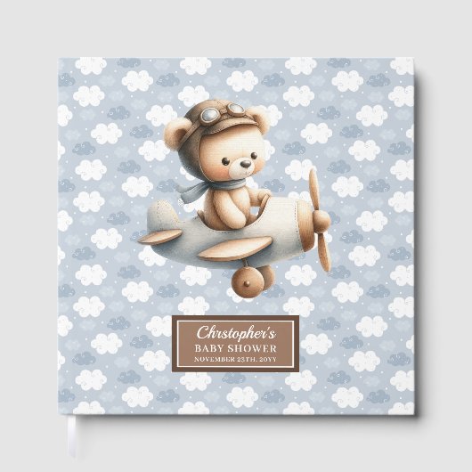 Baby shower Gastboek Boy Teddy Bear Pilot Blue Gastenboek (Voorkant)