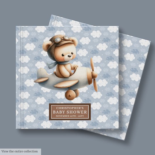 Baby shower Gastboek Boy Teddy Bear Pilot Blue Gastenboek