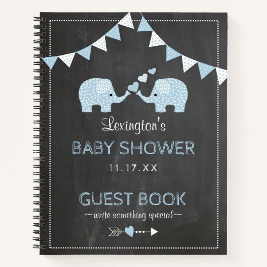 Baby shower Gastboek met Twin Boys Blue Elephants  Notitieboek (Voorkant)