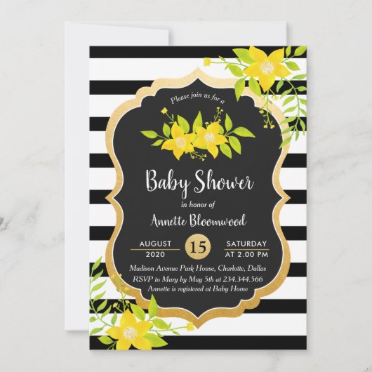 Baby Shower | gele bloem | Elegante strepen Kaart (Voorkant)