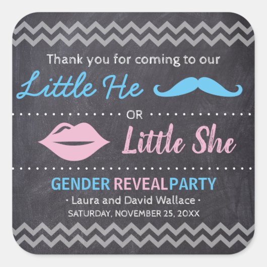 "Baby shower" Geslacht onthullen "Hij of zij" krij Vierkante Sticker (Voorkant)
